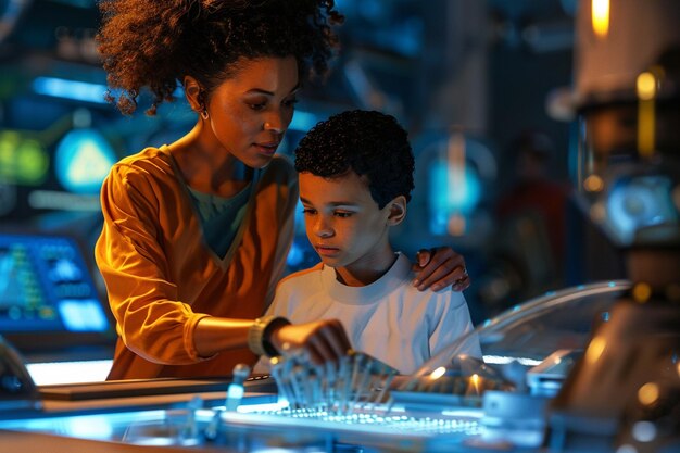 Foto mãe e filho a passar um dia no museu da ciência.