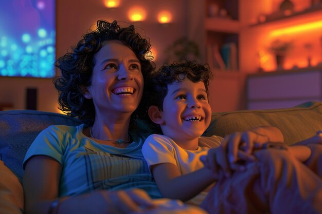 Foto mãe e filho a rir-se durante um filme