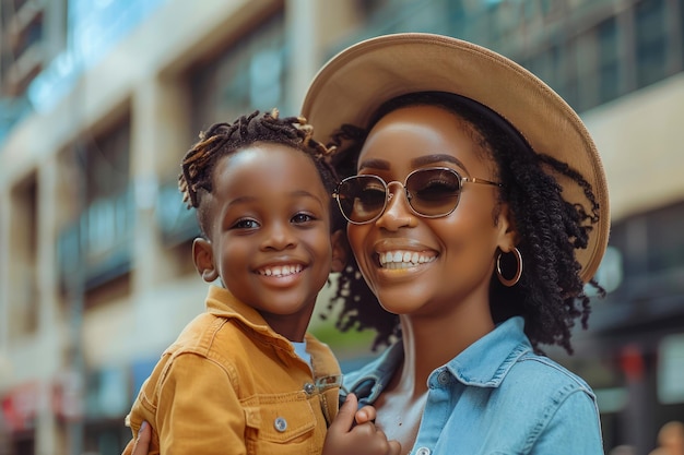 Mãe e filho afro-americanos alegres sorrindo juntos em um cenário urbano vestindo moda da moda