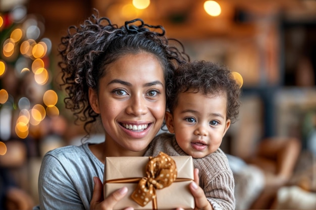 Mãe e filho afro-americanos felizes com caixa de presentes no Natal