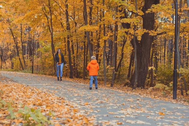 Mãe e filho andando no parque de outono e aproveitando a bela estação da natureza do outono, pais solteiros