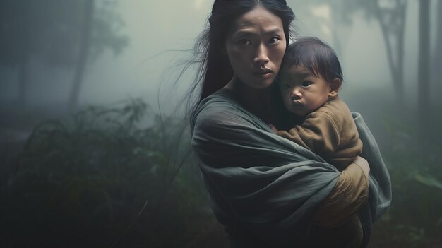Mãe e filho asiáticos com cara de medo e preocupação