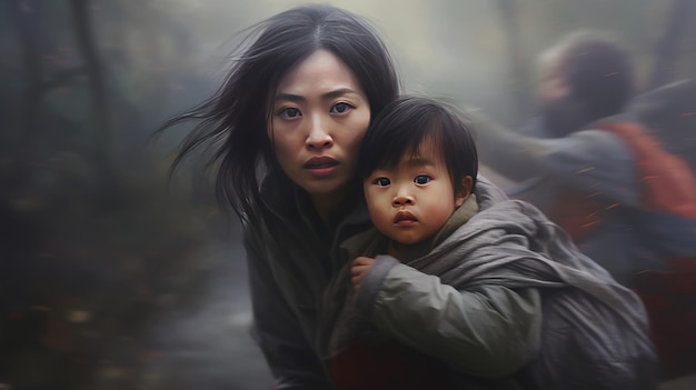 Mãe e filho asiáticos com cara de medo e preocupação
