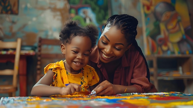 Mãe e filho brincando com tinta GenerativeAI