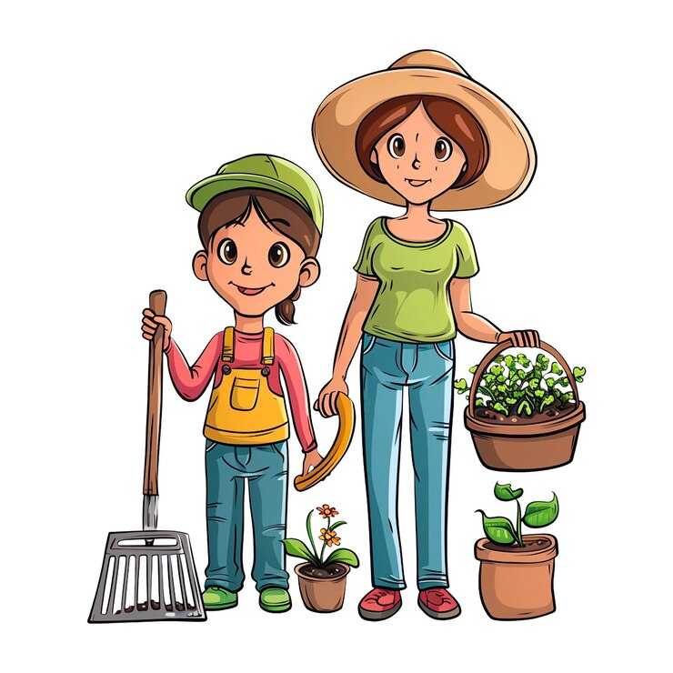 Foto mãe e filho com equipamentos de jardim em estilo de desenho animado contorno preto em fundo branco