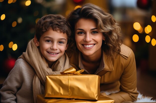 Foto mãe e filho com presentes de natal no parque com embrulho de presentes