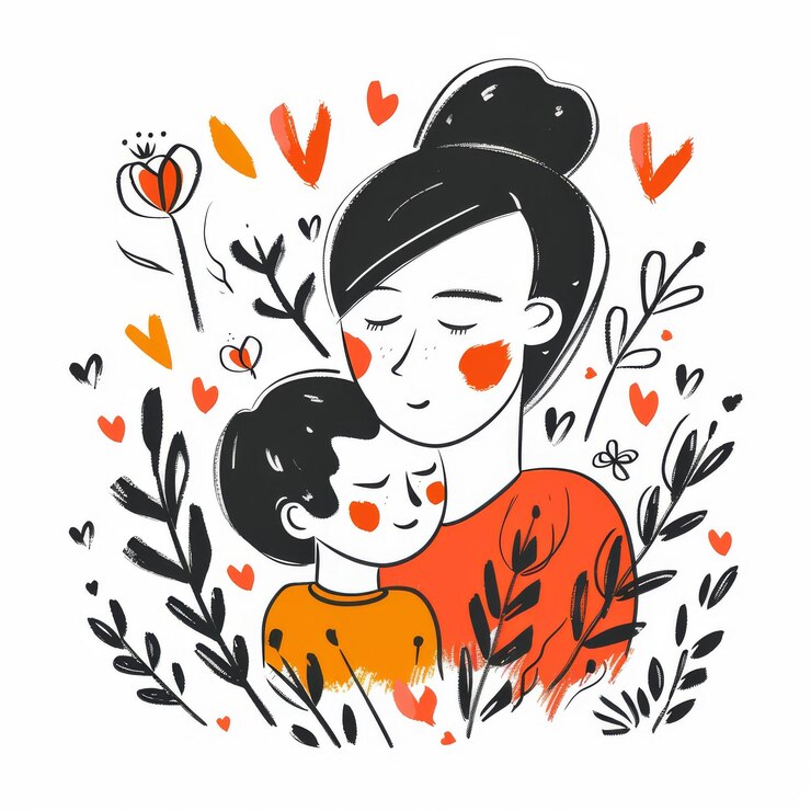 Mãe e filho desenham estilo de arte de linha com corações coloridos e ilustração de desenho animado de folhas florais em um fundo branco