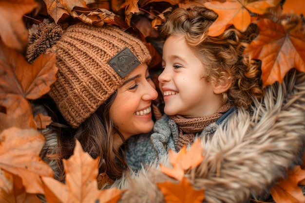 Mãe e filho desfrutando da feliz estação de outono cercados por coloridas folhas de outono