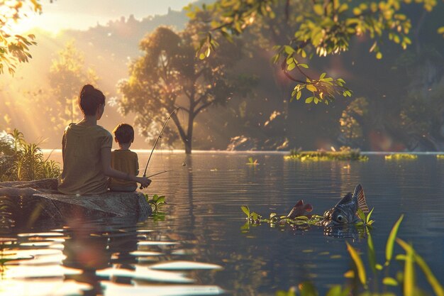 Mãe e filho desfrutando de um dia de pesca em um peacock