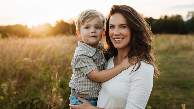 mãe e filho em um campo de mãos dadas sorrindo e olhando para a câmera