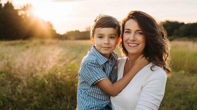 mãe e filho em um campo de mãos dadas sorrindo olhando para a câmera