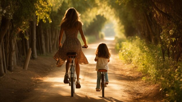 Mãe e filho em um dia ensolarado caminhando ou andando de bicicleta juntos com o fundo borrado do espaço de cópia Feliz dia das mães