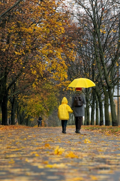 Mãe e filho estão caminhando ao longo do beco do parque outono sob o guarda-chuva amarelo. Vista traseira. Moldura vertical