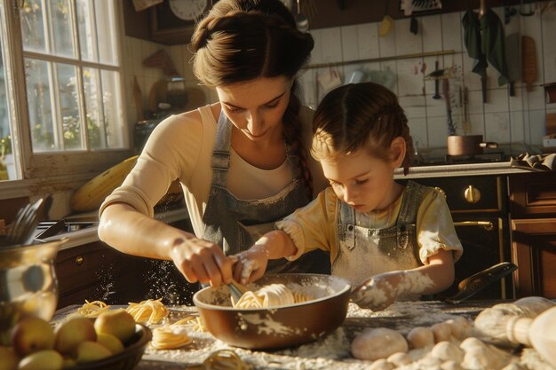 Foto mãe e filho fazendo massa caseira juntos