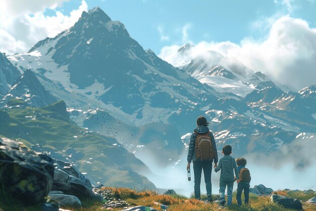 Mãe e filho fazendo uma caminhada panorâmica nas montanhas