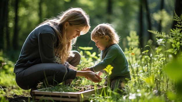 Mãe e filho feliz desfrutando de tempo de qualidade ao ar livre na grama verde exuberante