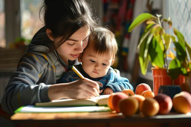 Foto mãe e filho felizes a desenhar juntos.