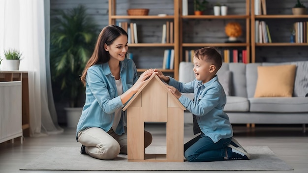 Mãe e filho felizes estão brincando e construindo uma casa para a família. Eles colocam um telhado.