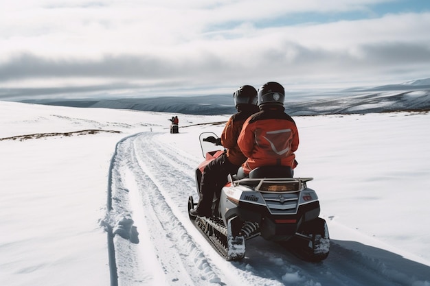 mãe e filho irreconhecíveis dirigindo um snowmobile no colorado eua