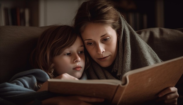 Mãe e filho lendo colagem no sofá gerado por IA