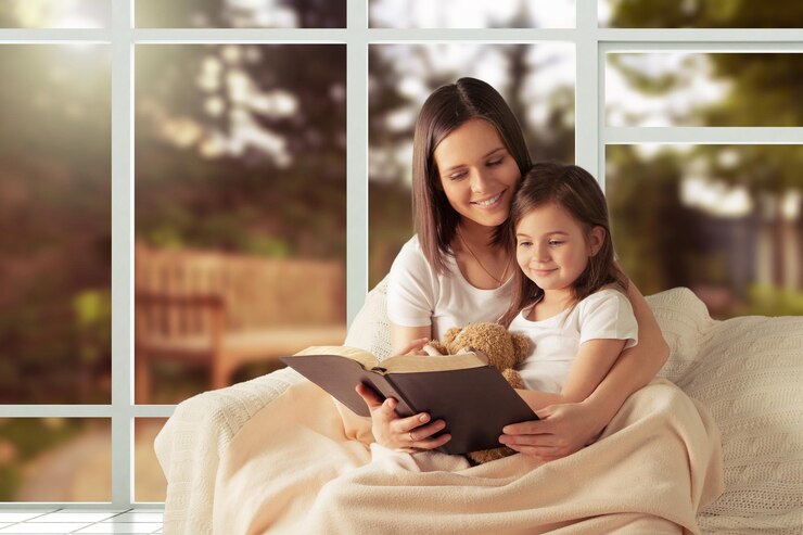 Foto mãe e filho menina lendo um livro na cama antes de dormir