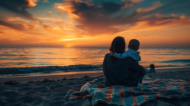 mãe e filho na praia ao pôr-do-sol