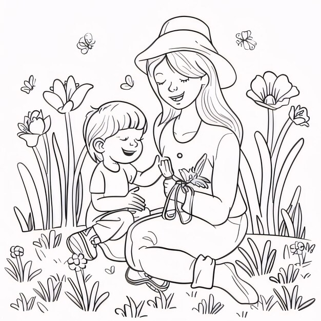 Foto mãe e filho no jardim ilustração vetorial livro de colorir