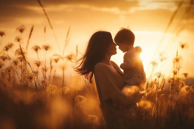 mãe e filho num campo de flores