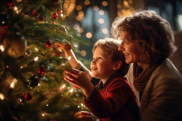 Mãe e filho organizando decorações na árvore de Natal com fundo desfocado