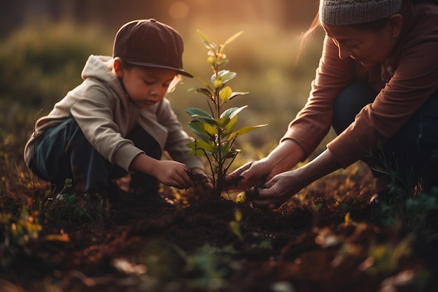 Mãe e filho plantando uma árvore