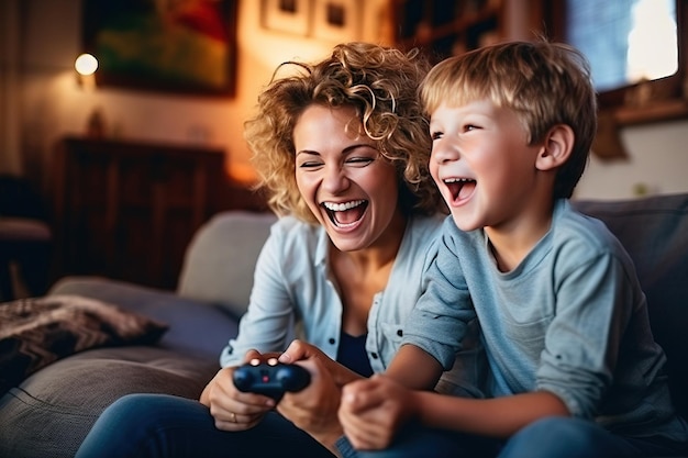 Mãe e filho riem e jogam videogame juntos Generative AI