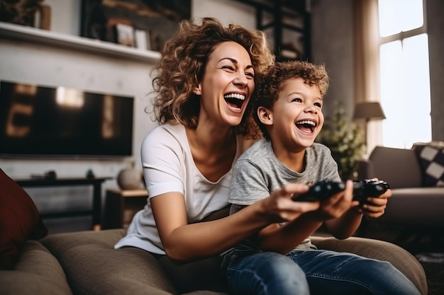 Mãe e filho riem e jogam videogame juntos Generative AI