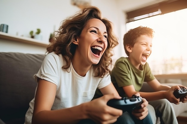 Mãe e filho riem e jogam videogame juntos Generative AI