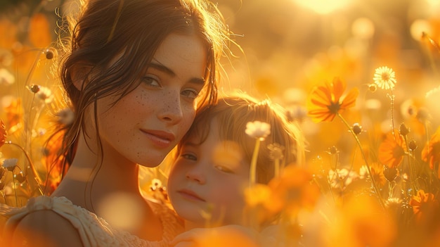 Mãe e filho se abraçando num campo de flores iluminado pelo sol
