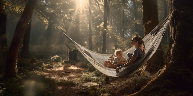 mãe e filho sentado na rede na floresta com sol dia das mães