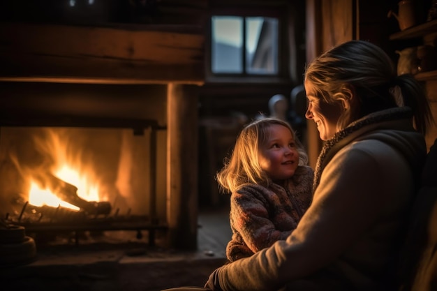 Mãe e filho sentam-se perto de uma fogueira em uma cabana