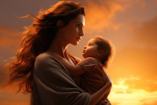 Foto mãe e filho sob o céu do pôr-do-sol