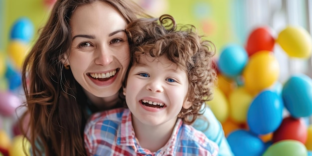 Mãe e filho sorrindo celebram o dia de Páscoa