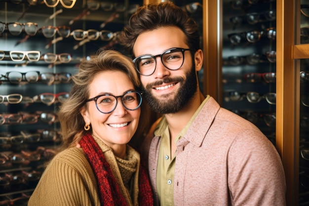 Foto mãe e filho sorrindo com óculos novos em um oftalmologista