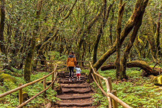 Mãe e filho subindo algumas escadas em um caminho no parque natural de Garajonay, nas Ilhas Canárias de La Gomera