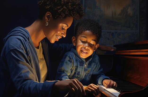 Foto mãe e filho tocando piano