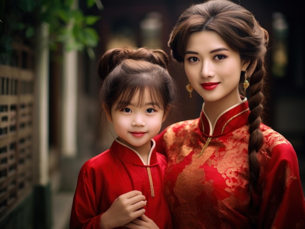 Mãe e filho vestindo roupas tradicionais chinesas sorrindo no conceito de celebração do Ano Novo Chinês