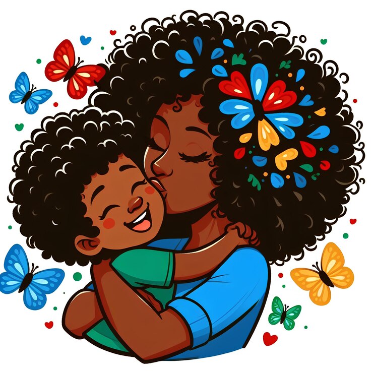 Foto mae e filhos autista desenho animado