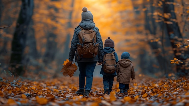 mãe e filhos em uma caminhada na natureza coletando folhas