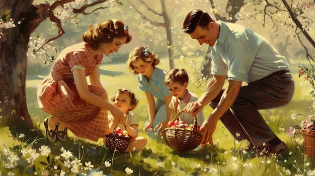 Mãe e filhos felizes coletando ovos de Páscoa em um campo de flores