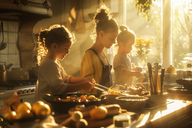 Foto mãe e filhos preparando um delicioso pequeno-almoço