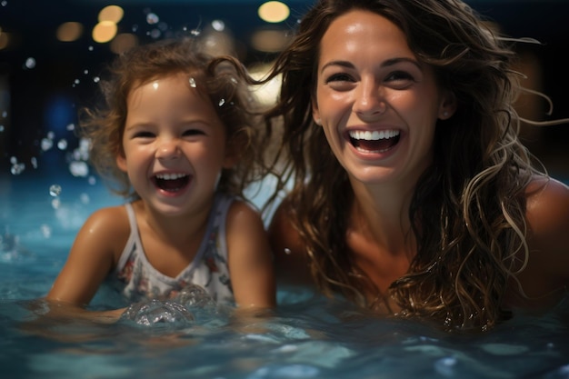 Mãe e menina na piscina.