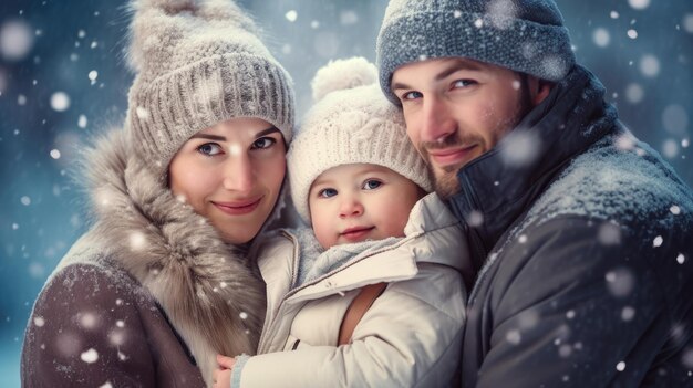 Mãe e pai abraçando seus filhos em um dia de inverno nevado