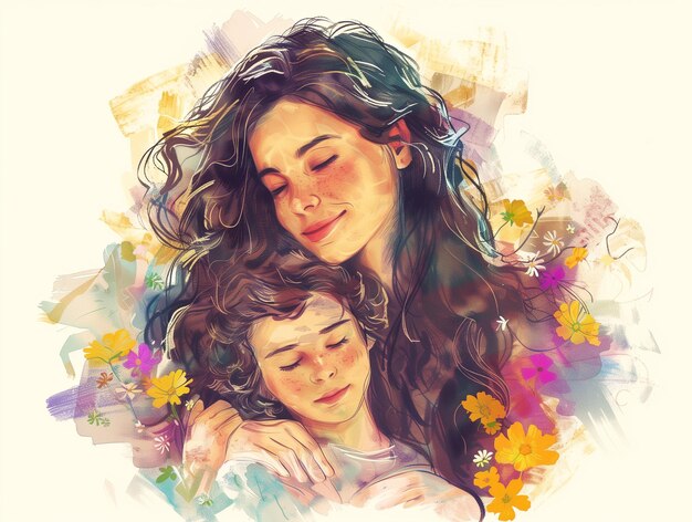 Mãe e seu filho em desenho digital imagem conceitual do Dia das Mães