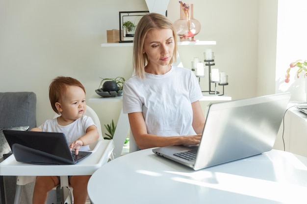 Mãe e sua filha pequena usam laptops e sentam-se nas mesas em casa Trabalho de maternidade e maternidade